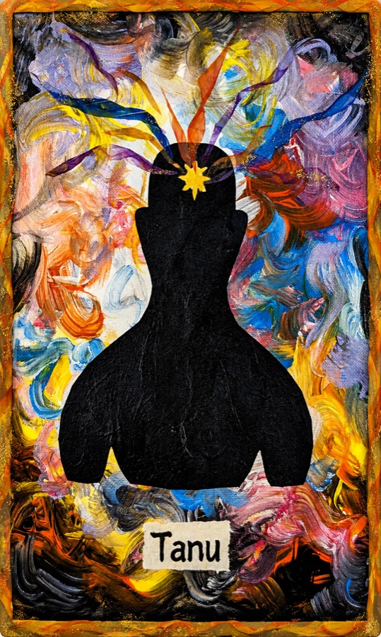 Tanu, a black meditative figure with a gold star at the brow and ribbons of colored light rising from the crown, a hand-made mixed-media collage by Debora Bowley