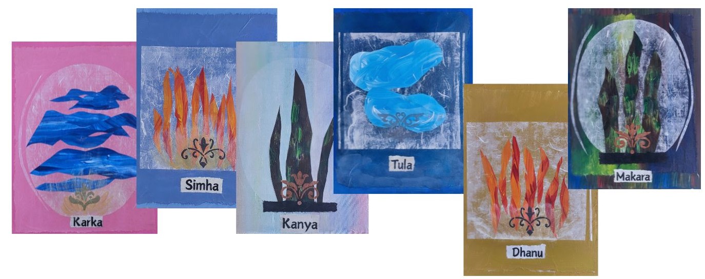 A collection of five colorful artwork panels, each representing a zodiac sign: Karka, Simha, Kanya, Tula, Dhanu, and Makara. Each panel features unique artistic elements and colors, with labels indicating the names of the zodiac signs.