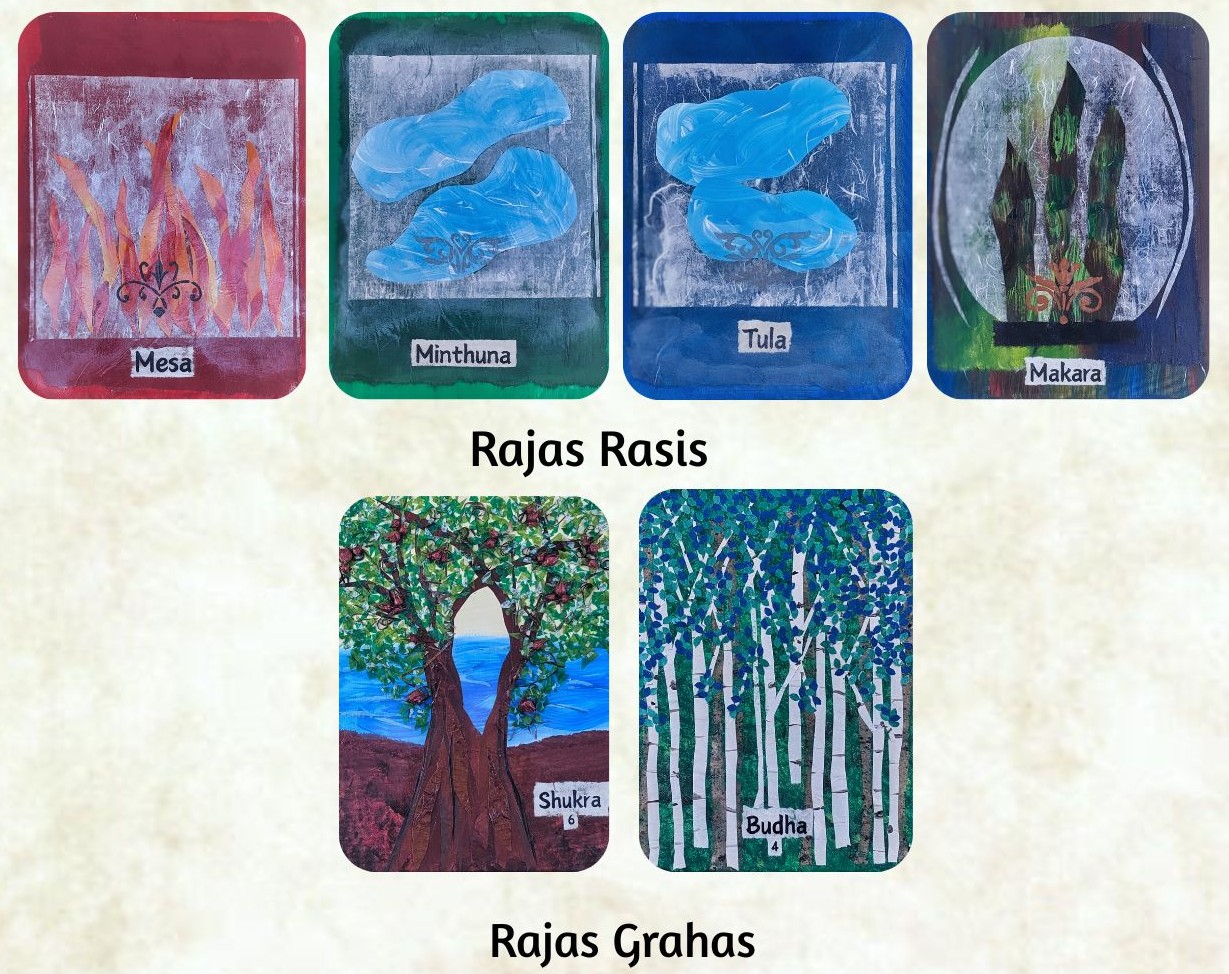 A colorful illustration featuring zodiac signs and planets, with four Rajas Rasis cards labeled Mesa, Minthuna, Tula, and Makara at the top, and two Rajas Grahas cards labeled Shukra and Budha at the bottom, against a textured background.