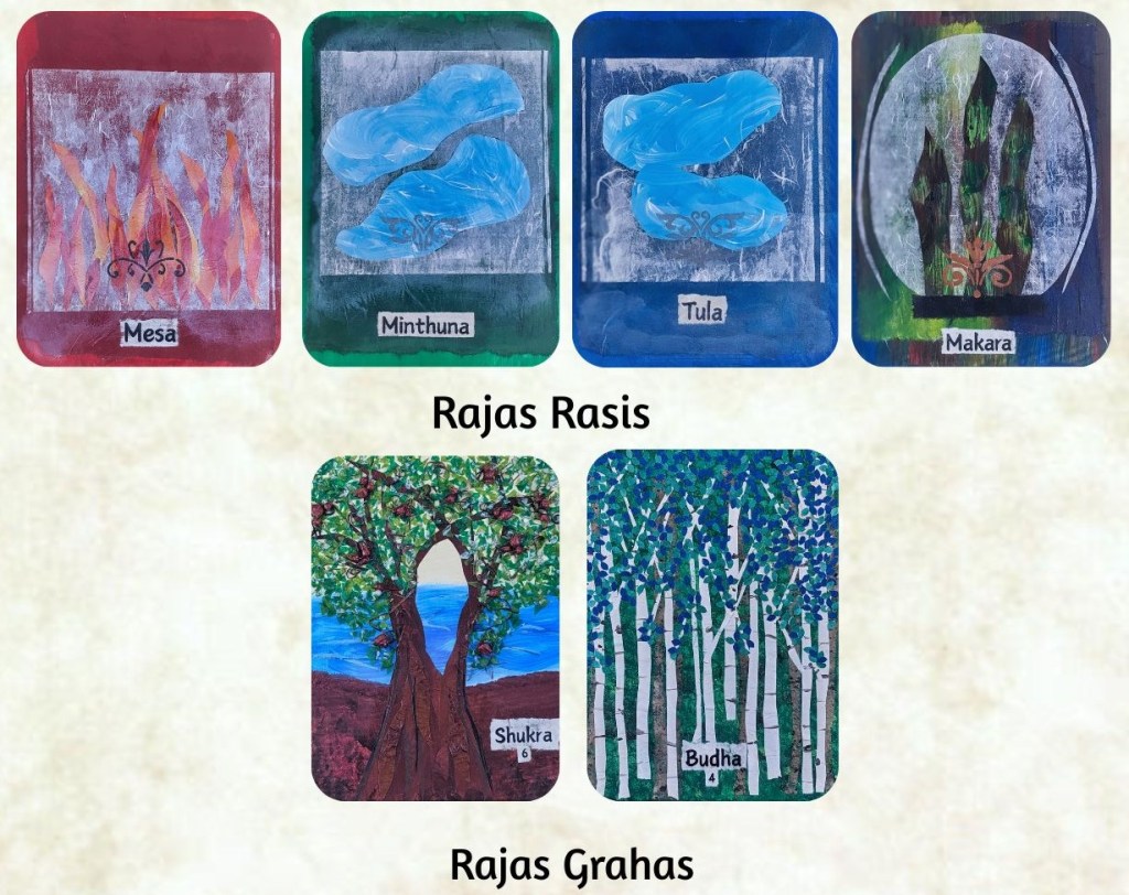 A colorful illustration featuring zodiac signs and planets, with four Rajas Rasis cards labeled Mesa, Minthuna, Tula, and Makara at the top, and two Rajas Grahas cards labeled Shukra and Budha at the bottom, against a textured background.