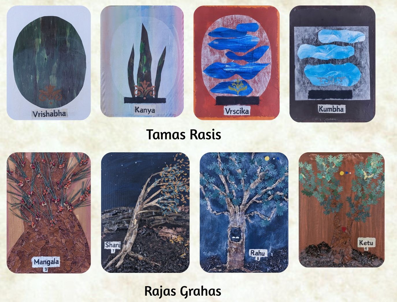 Illustration of Tamasa Rasis featuring four cards labeled Vrishabha, Kanya, Vrsika, and Kumbha, each with unique artistic designs.